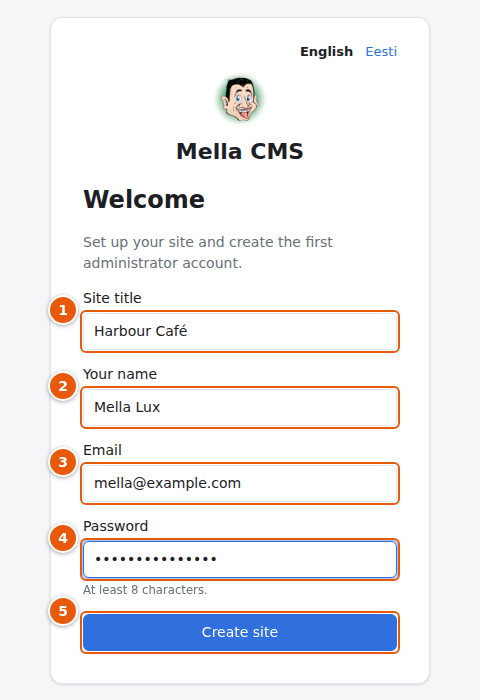 The first-run setup screen