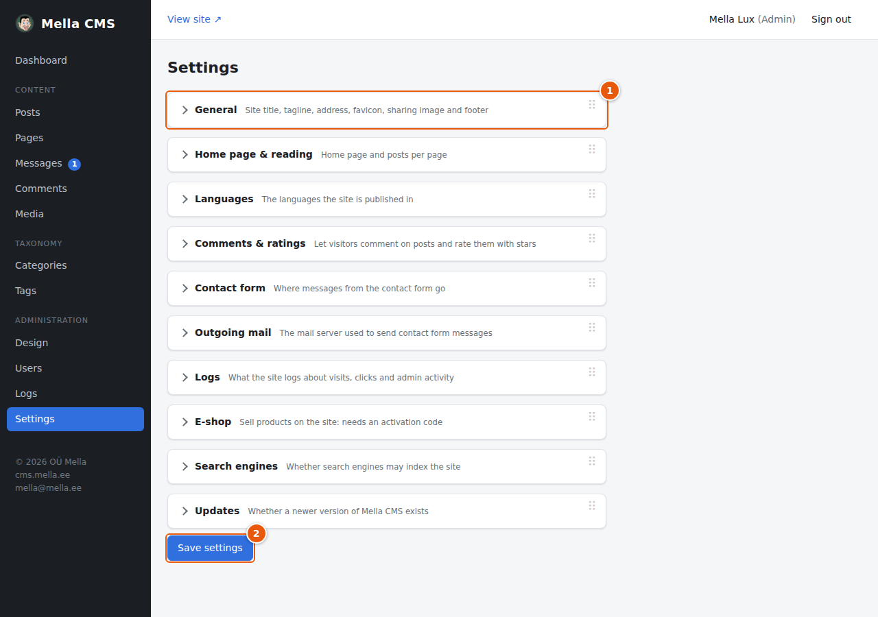 The Settings screen
