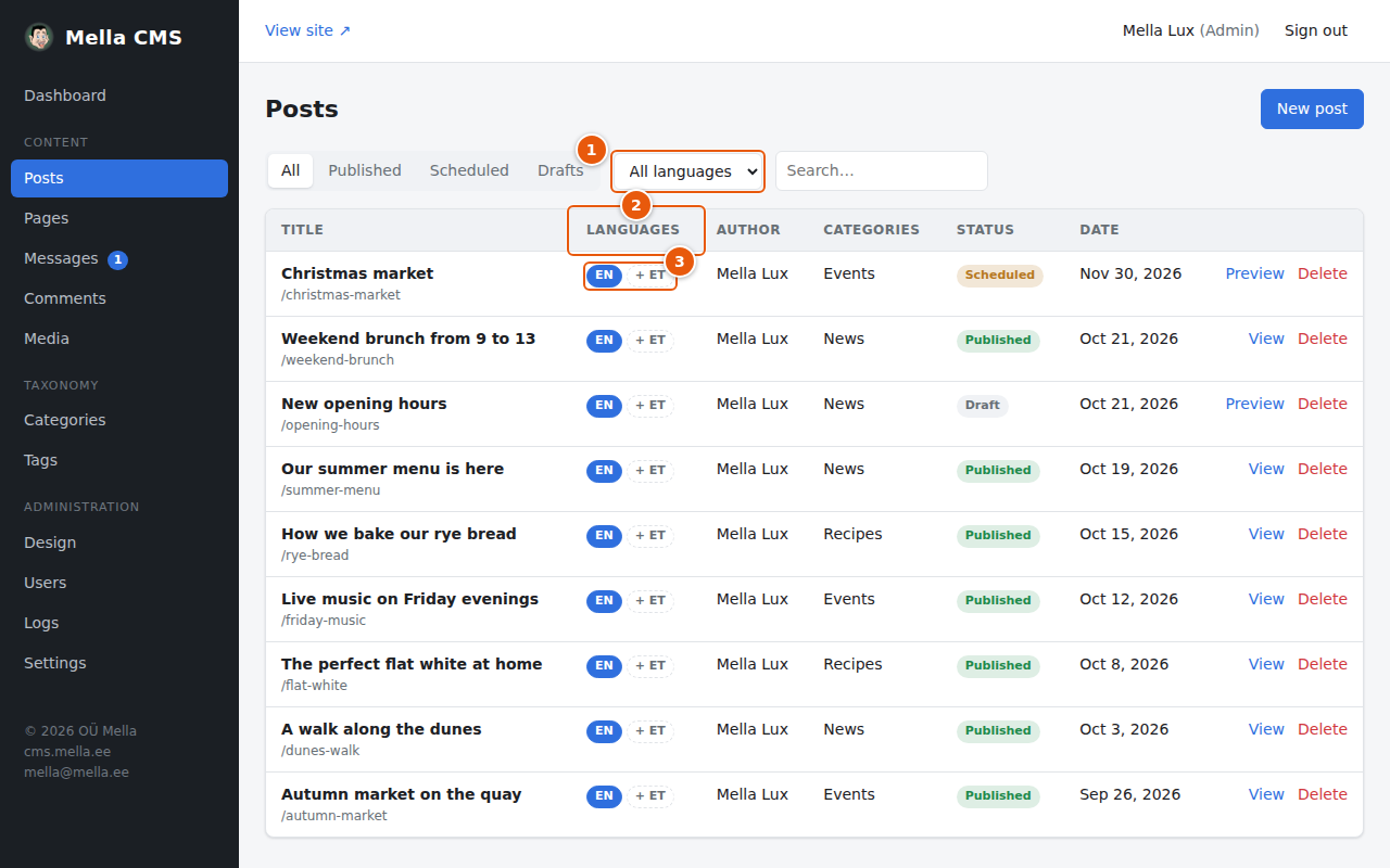 The list of posts with languages