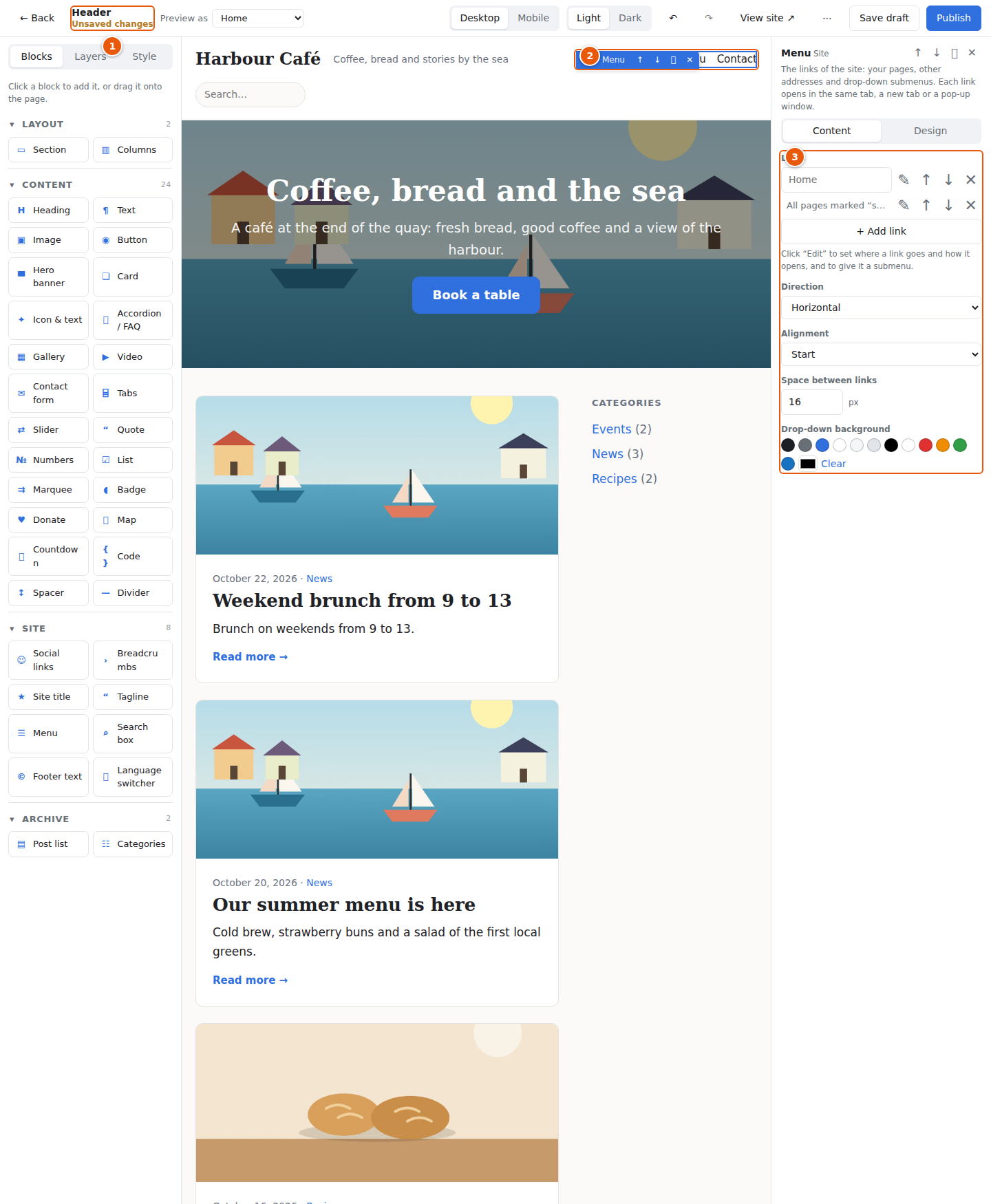 The menu block in the header