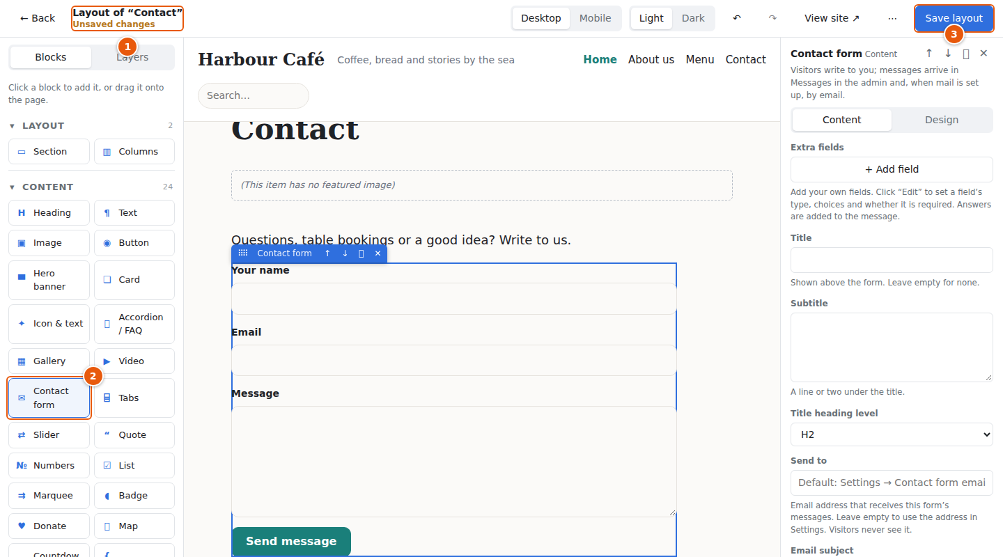 A page layout with a contact form