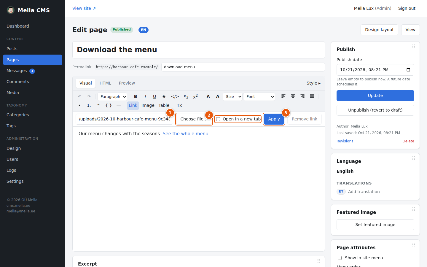 The link bar with a file chosen