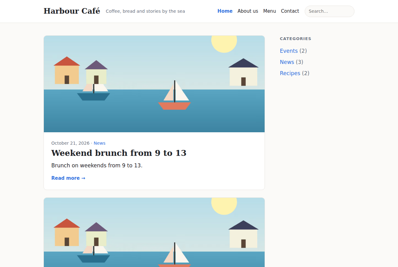 The home page with the page menu
