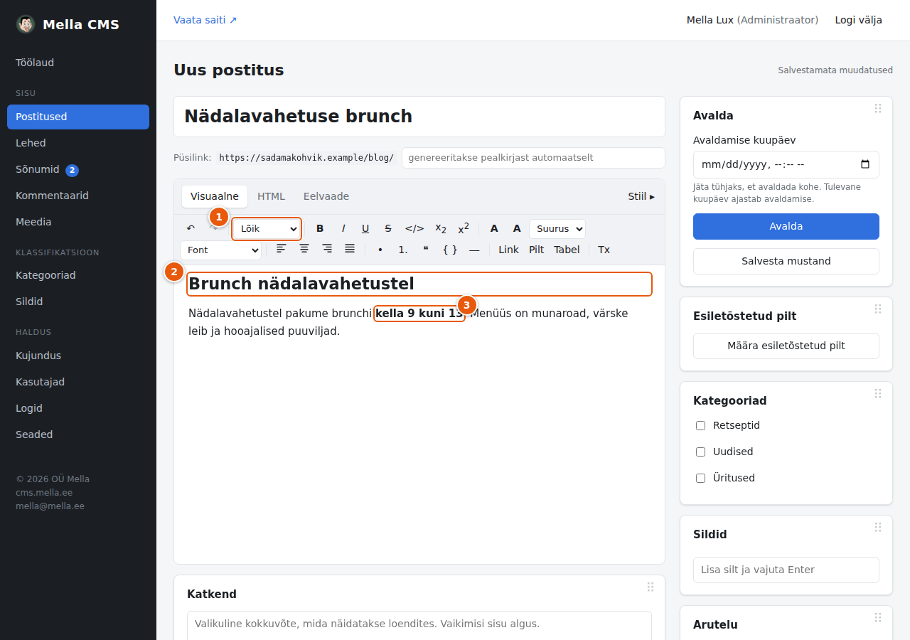 Pealkirja ja paksu teksti kirjutamine